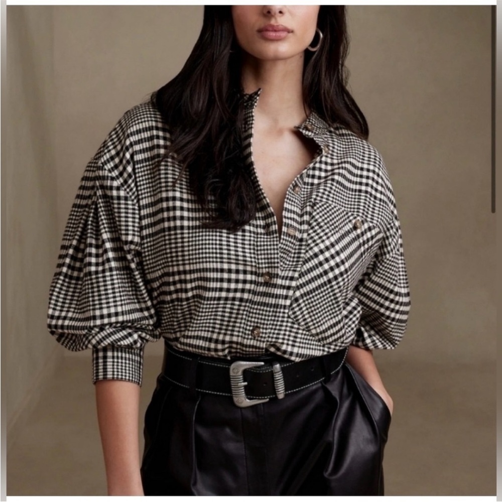 Banana Republic Women's Black White Plaid Flannel Button Down Shirt XL Tall